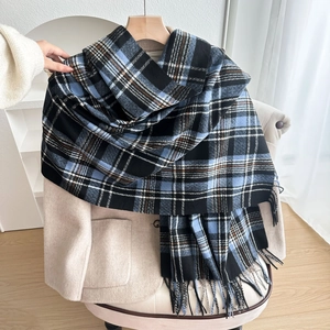 Classic blue and white checkered winter scarf with fringes and brown line accents
