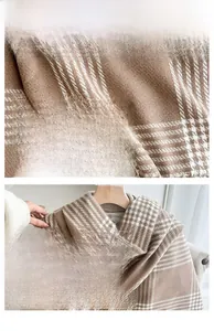 Detailed macro view of retro plaid scarf fabric texture and thickness with tassel edge
