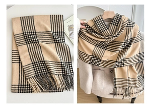Detail of vintage plaid scarf featuring classic check pattern and fringe tassels