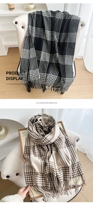 Detailed view of British plaid cashmere-like scarf texture with fine tassel edges
