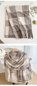 Detail of classic plaid scarf with fringe, soft autumn beige and brown tones