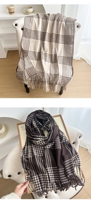 Detailed close-up of retro plaid scarves with fringe in warm brown and beige tones