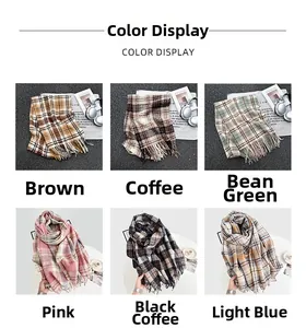 Detail view showing six classic plaid scarf colors with fringed edges and soft texture