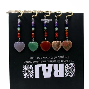 Set of five heart-shaped natural stone bookmarks with colorful chakra beads and gold hooks