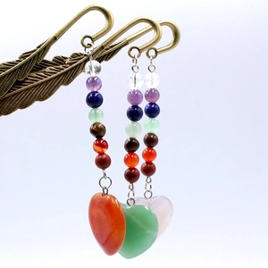 7 Chakra stone beads and heart crystal pendant on antique bronze feather metal bookmark
