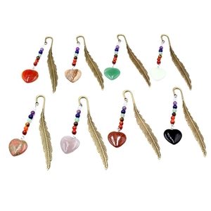 Set of 8 vintage bronze feather bookmarks with colorful chakra beads and heart gemstones