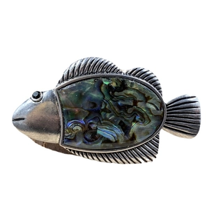 Fish brooch pendant in silver metal with colorful abalone shell inlay and black gem eye