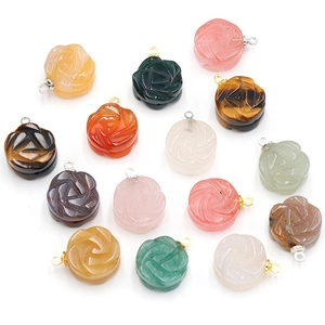 Natural Agate Rose Flower Pendant Carved 3D Double Sided Gemstone DIY Jewelry Making Necklace Charm Tiger Eye Rose Quartz