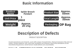 Spécifications du produit broche araignée montrant dimensions de 50mm et détails des cristaux