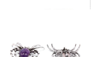Vue avant et arrière d'une broche araignée argentée avec une gemme violette