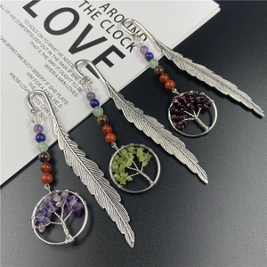 Three-piece metal feather bookmarks with handmade colorful stone Tree of Life pendants