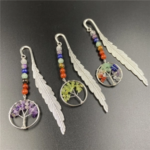 Detailed view of vintage silver feather bookmarks with tree of life crystal pendants
