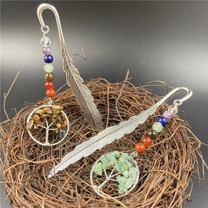 Retro feather bookmark set with 7 chakra beads and Tree of Life natural stone pendants