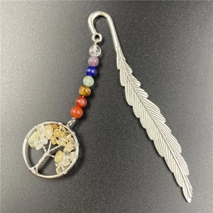 Detail of silver feather bookmark with seven chakra stones and tree of life pendant