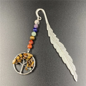 Detail of silver feather bookmark with seven chakra stones and tree of life charm