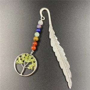 Detail of silver metal feather bookmark with Tree of Life pendant and chakra beads