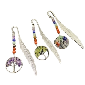 Three-piece set of silver Tree of Life feather bookmarks with colorful chakra crystal stones