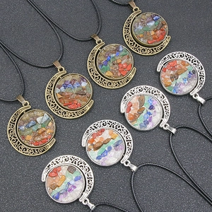 Rotating Moon Sun Pendant Necklace Alloy And Natural Crushed Gemstones Healing Energy Jewelry Bohemian Retro For Women