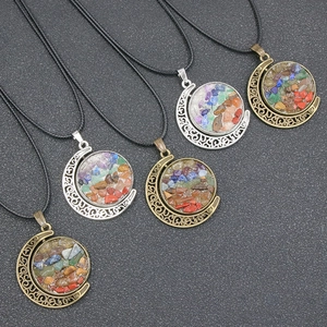 Rotating double-sided sun moon pendant necklace with colorful natural crystal stone chips