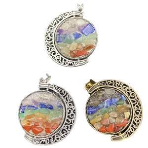 Rotating crescent moon necklace with natural crystal chips and vintage floral engraving