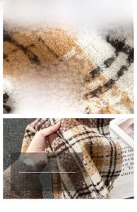 Close-up detail of retro plaid scarf showing thick cashmere-like texture and soft yarn