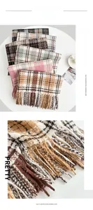 Macro shot of plaid imitation cashmere scarf showing soft fringe and thick weave texture