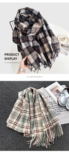 Detailed view of lilac plaid imitation cashmere scarves with soft fringed edge texture