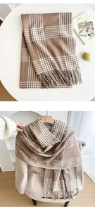 Detail of brown plaid scarf with fringe tassels shown on a soft beige coat