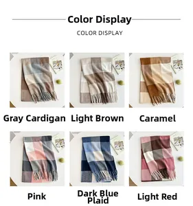 Close-up of six different color patterns for plaid tassel scarves on white displays