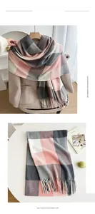Detail of color-block plaid scarf with fringe tassels and soft cashmere-like texture