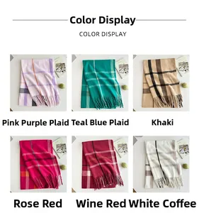 Collage of checkered tassel scarves in six elegant colors including pink, blue, and khaki