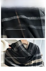 Close-up of winter plaid tassel scarf showing fine knit texture and fringe details