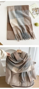 Close-up of checkered scarf with soft texture and tassels displayed on light coat