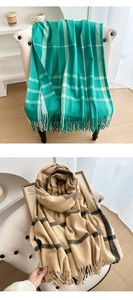Detailed close-up of thick plaid scarves with tassels in green and beige patterns