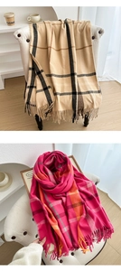 Detail showing classic check pattern texture and long fringes of a warm winter scarf