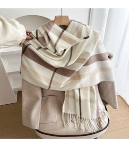 Detailed close-up of plaid winter scarf with fringe trim draped on a wool coat