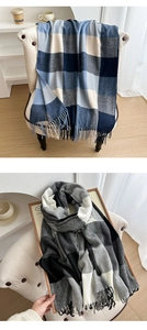 Detail view of soft checkered scarves with tassels in blue and black plaid patterns