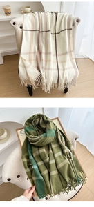Detailed view of soft plaid tassels on cream and olive winter scarves for couples