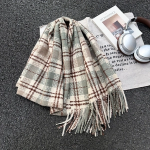 Classic vintage plaid scarf with long tassels in grey-green and beige, thick cashmere style