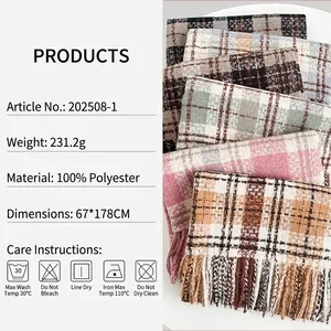 Classic plaid checkered scarf for women with tassels, 100% polyester warm winter pashmina