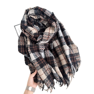 Vintage plaid scarf for women in brown and beige with thick cashmere feel and tassels