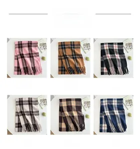 Six assorted classic British style checkered plaid scarves with fringe tassel details
