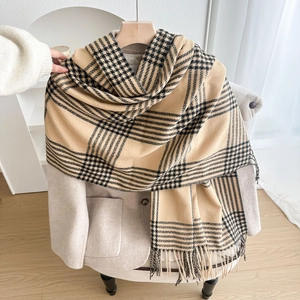 Vintage checkered winter shawl with tassels in beige and black, soft thick warm scarf