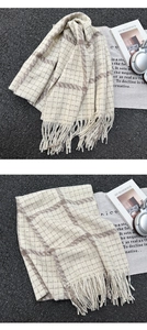 Detailaufnahme des beige-braun karierten Kaschmirschals mit langen Fransen auf Magazin