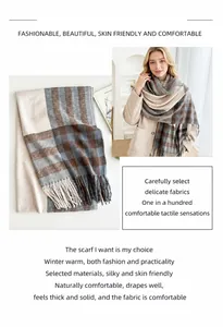Close-up of thick plaid shawl scarf with fringe details in beige and grey