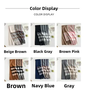 Detailed color selection showing plaid tassel scarves in six elegant contrast color combinations