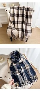 Detail of classic plaid scarf with fringe in beige brown and navy grey colors
