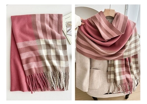 Close-up of pink and brown plaid scarf with fringe, shown flat and styled on coat