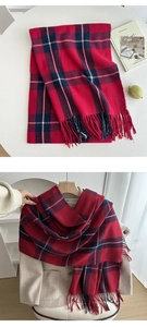 Detail of red and black plaid scarf with fringe tassels on a light beige coat