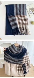 Detail of plaid tassel shawl with navy and beige color blocking and thick knit texture